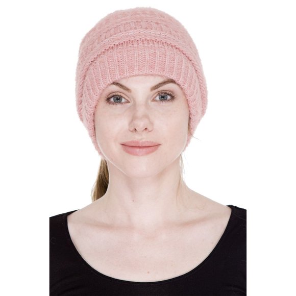 WOMENS PINK KNITTED PONYTAIL BEANIE - NWT - OSFA - Picture 2 of 7